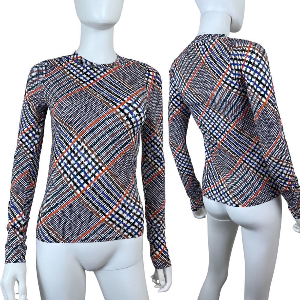 TANYA TAYLOR Women Size XS Juliana Ecru Plaid Stretch Cotton Jersey Knit Shirt